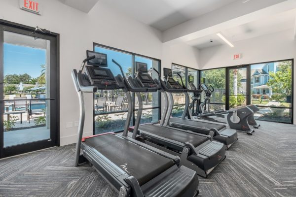 Fitness center cardio equipment, including treadmills and ellipticals, that look out to the sundeck and pool through large windows